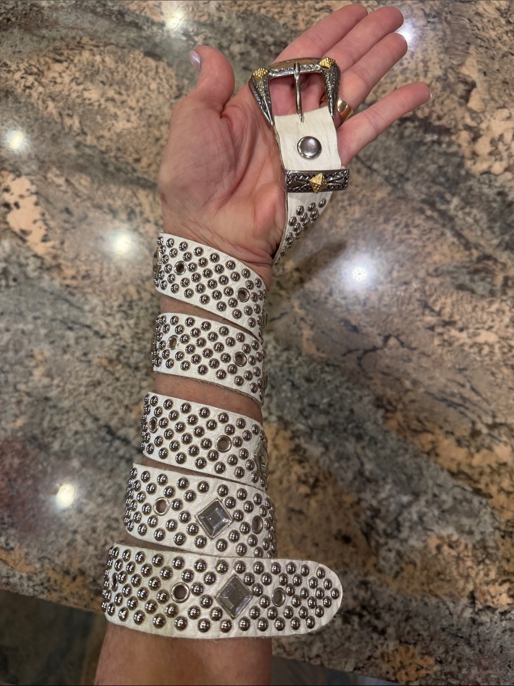White Studded Wrap Belt with Silver Accents